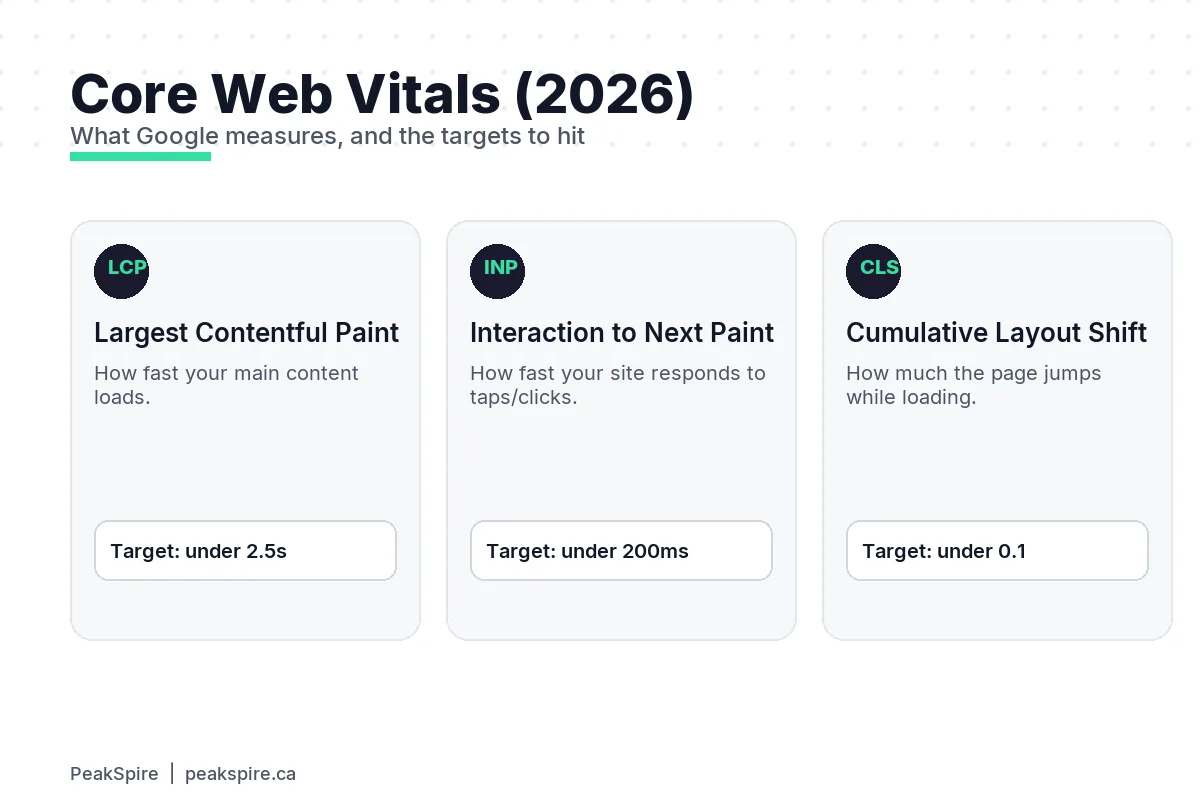 Core Web Vitals explained: LCP (Largest Contentful Paint, target under 2.5s), INP (Interaction to Next Paint, target under 200ms), CLS (Cumulative Layout Shift, target under 0.1)