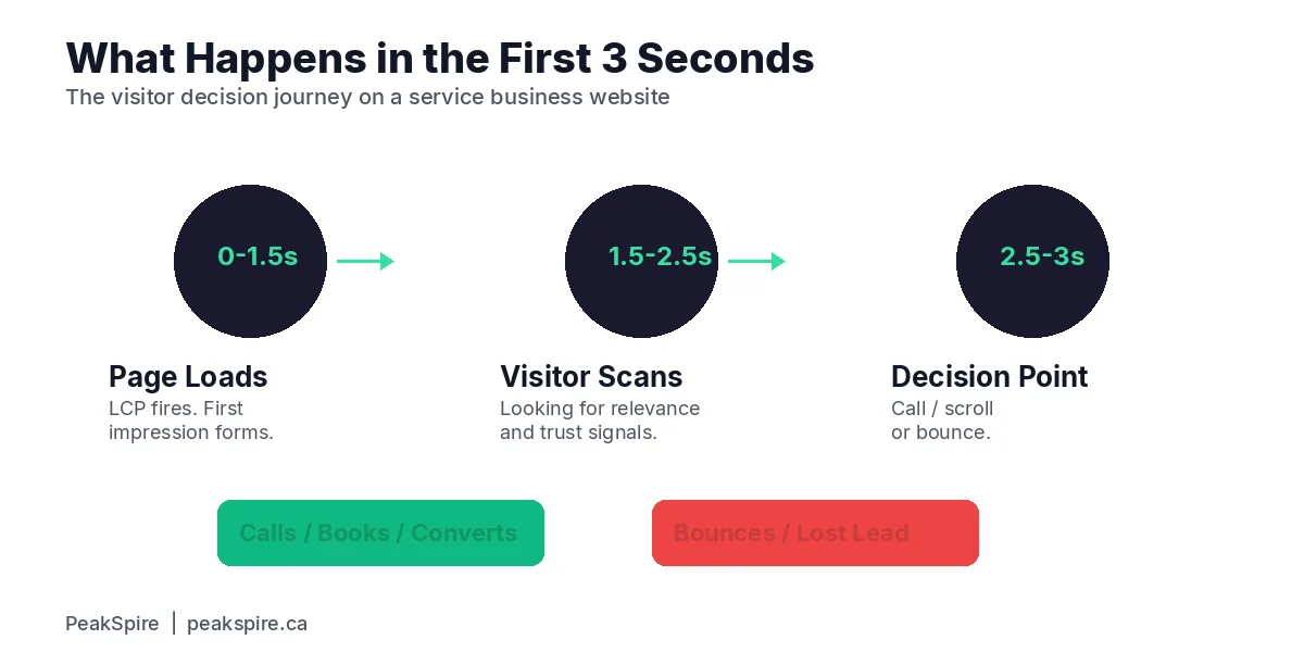 Diagram showing what happens in the first 3 seconds when a visitor lands on a service business website: page loads, visitor scans for relevance, decides to call or bounce