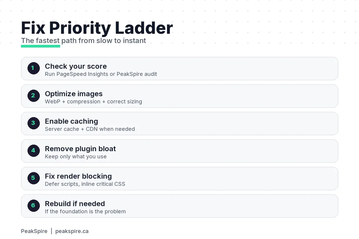 Fix priority ladder showing the 6-step order for fastest website speed improvements: check score, optimize images, enable caching, remove plugin bloat, fix render-blocking, rebuild if needed