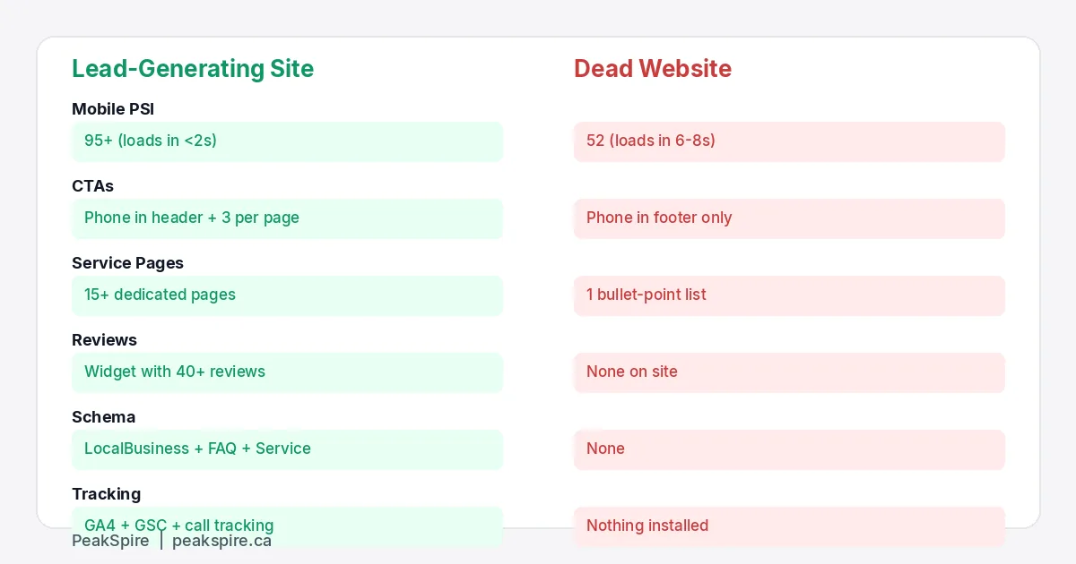 Lead-generating contractor website versus dead website comparison showing key metrics