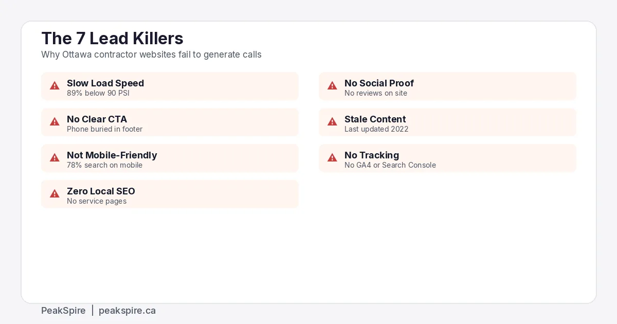 The 7 lead killers for Ottawa contractor websites infographic with failure rates and icons