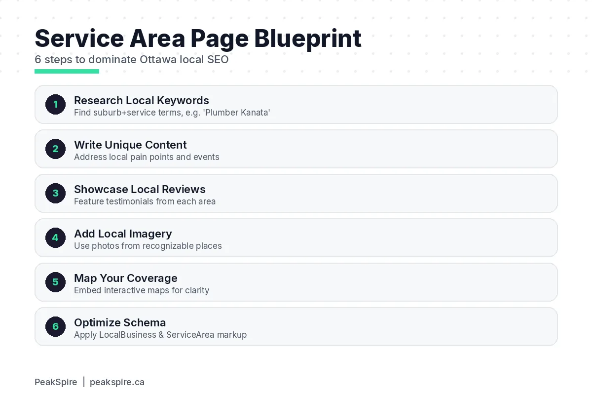 Service Area Pages for Ottawa Businesses: Kanata, Barrhaven, Orleans, Nepean SEO - Process diagram - PeakSpire