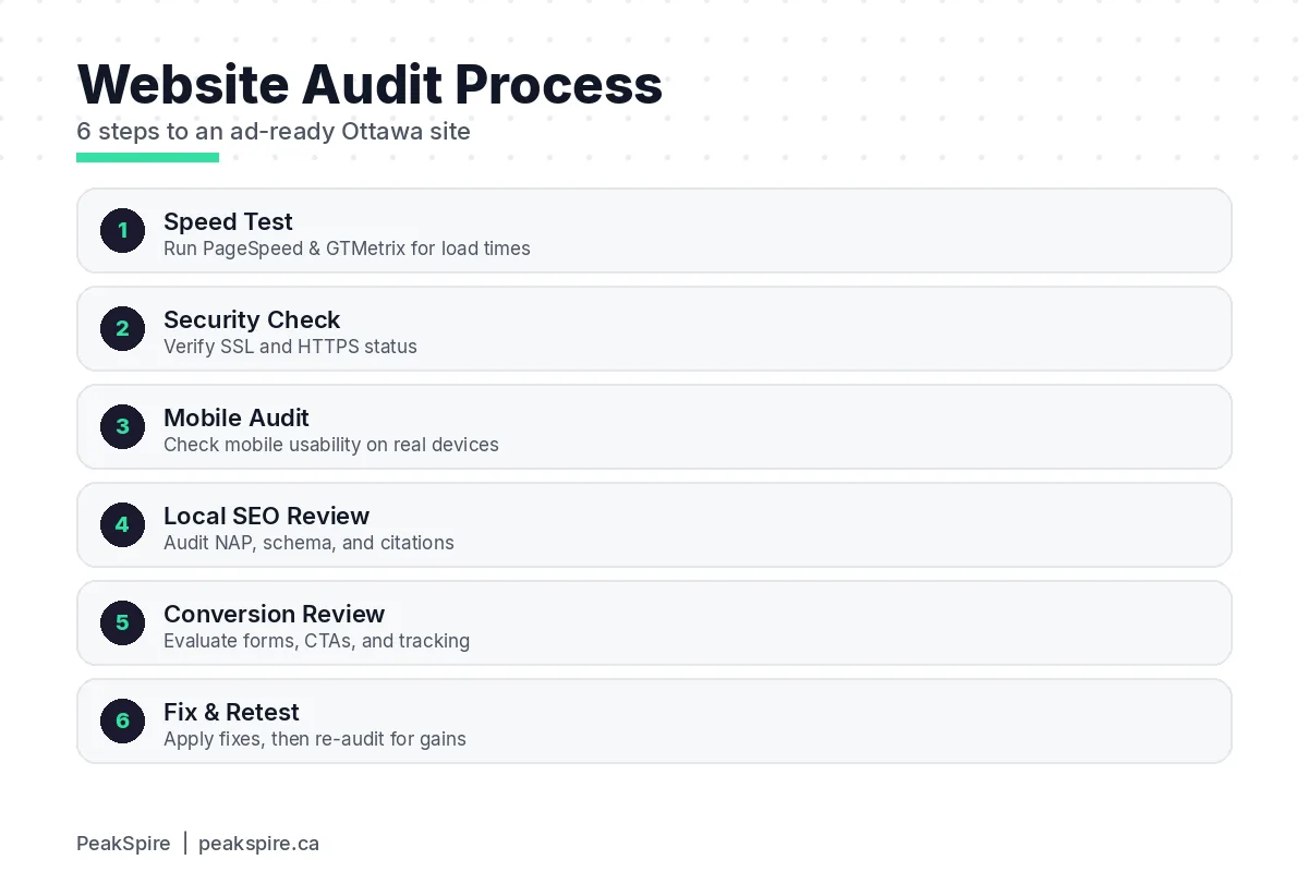 The Ottawa Business Website Checklist: 25 Things to Fix Before You Spend on Ads - Process diagram - PeakSpire